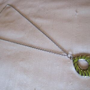 Silver Tone & Citric Green Enamel, Puff Teardrop Pendant and Chain Necklace.